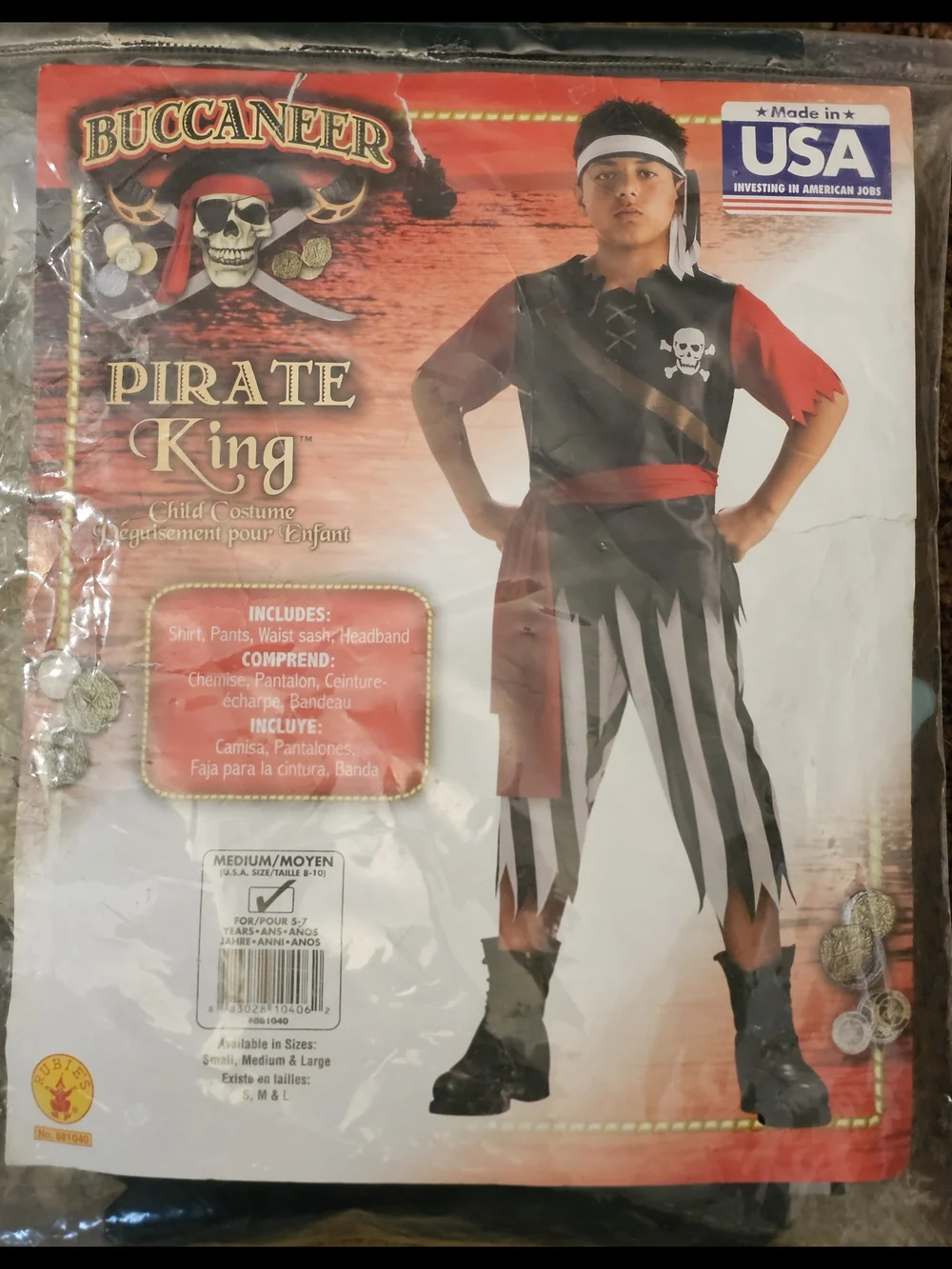 Rubies Pirate King Costume Black White Stripe Pant Red Sash Kids Medium 8-10 NEW